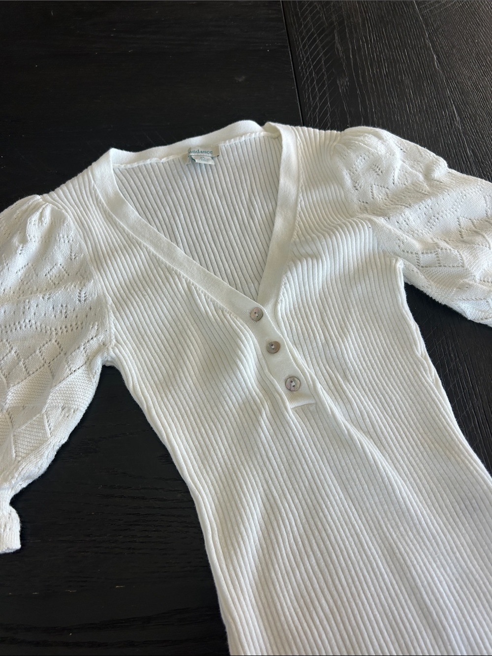 Sundance Cream V-Neck Ribbed Button Front Short Sleeve Sweater Size XS